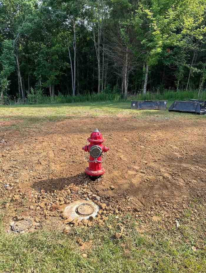 Red fire hydrant standing in a cleared, muddy patch of earth with green grass and trees in the background.
