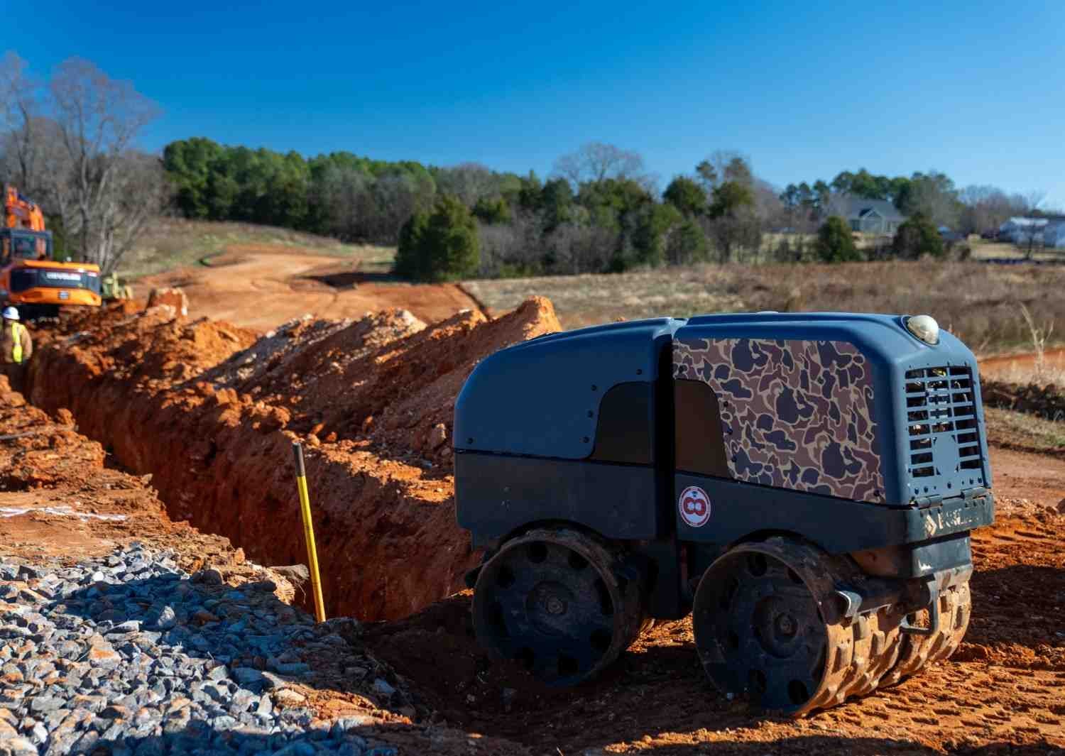 Autonomous vibratory roller at a construction site with an excavator and worker in the background, digging a trench.