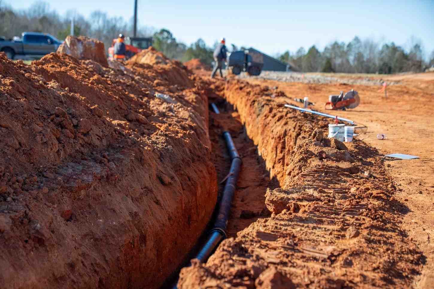 A long, deep trench dug in reddish-brown dirt with a dark pipe laid inside. Construction workers are visible in the background.