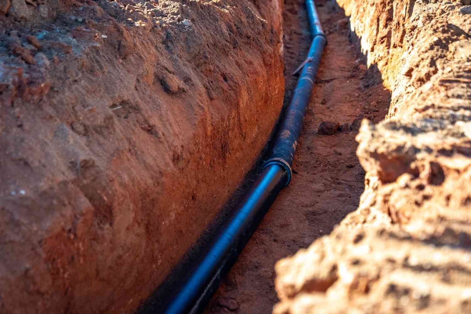 A black pipe laid in a trench, running through reddish-brown soil under bright sunlight.
